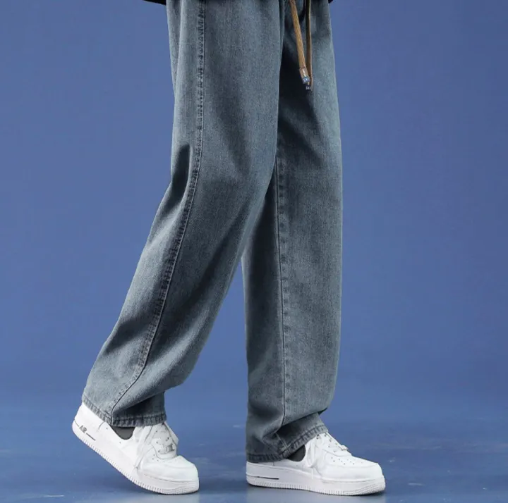 Spring%20Autumn%20Men's%20High%20Waisted%20Solid%20Distressed%20Gradient%20Bandage%20Drawstring%20Patch%20Loose%20Wide%20Leg%20Casual%20Jeans%20Trousers%20Pants%20-%20Image%205