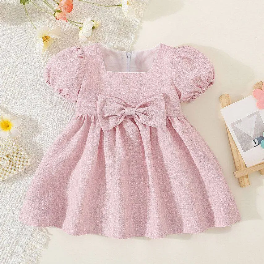 Baby Girl Dress Square Neck Cotton Plain Color Princess Dress Newborn Baby Summer Bow Dress Girl Clothing Daraz.lk