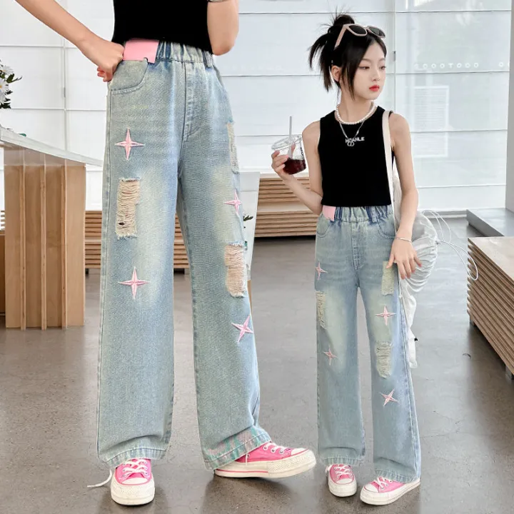Girls'%20Ripped%20Jeans%202024%20Summer%20New%20Internet%20Celebrity%20Girls'%20Retro%20Loose%20Thin%20Children's%20Narrow%20Wide-Leg%20Pants%20-%20Image%203