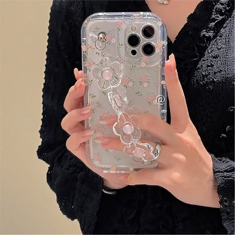 Cute 3D Flower Wrist Phone Chain Soft Phone Case For iphone 15 14