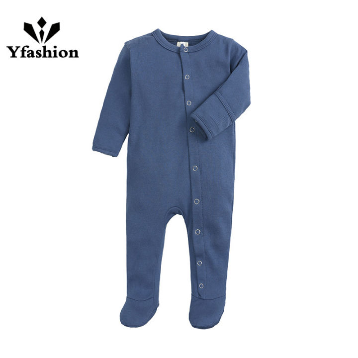 Yfashion Baby Long Sleeves Jumpsuit Newborn Cotton Single Breasted Simple Solid Color Romper For 0-1 Years Old Kids