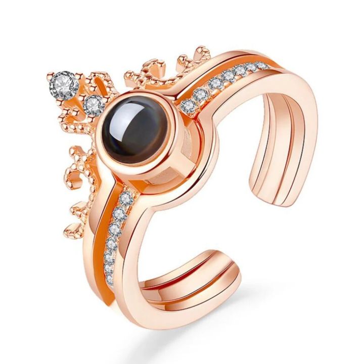 【happy one】2Pcs Crown Rings 100 languages I love Ring Gold Love Memory