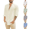 Yfashion Men  Shirt Linen Cardigan Solid Color Casual Stand-up Collar Long-sleeved Shirt color. 