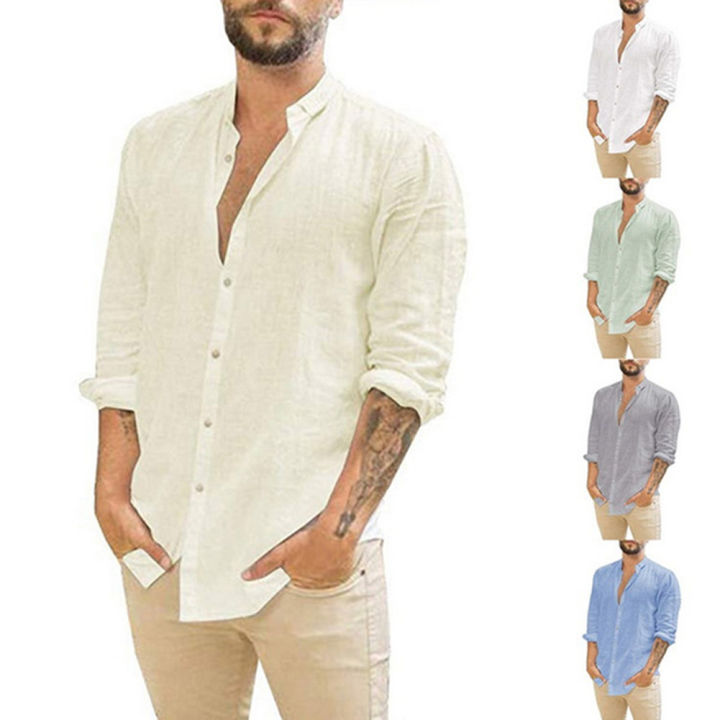 Yfashion%20Men%20%20Shirt%20Linen%20Cardigan%20Solid%20Color%20Casual%20Stand-up%20Collar%20Long-sleeved%20Shirt%20color%20-%20Image%204