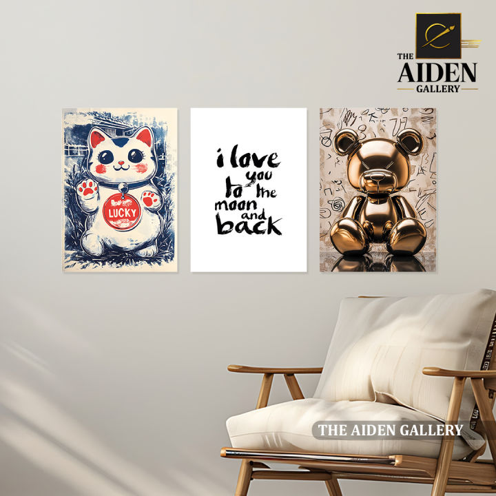 Set of 3 A3 Size (29.7x42cm) Unframed Poster Print Lucky Paws Cat, I Love You to the Moon and Back Quote, Gold Bear Brilliance Art Wall Arts, Wall Décor