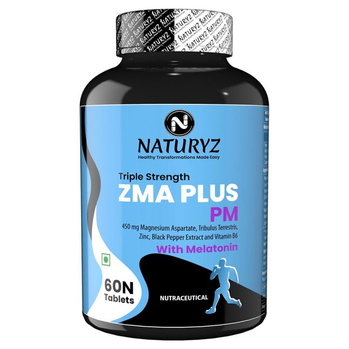 Naturyz Triple Strength ZMA Plus PM with Melatonin for Night Recovery & Muscle Strength Support Supplement with 450 mg Magnesium Aspartate, Tribulus, B6 & Black Pepper for Men - 60 Tablets(FROM INDIA)NUZ
