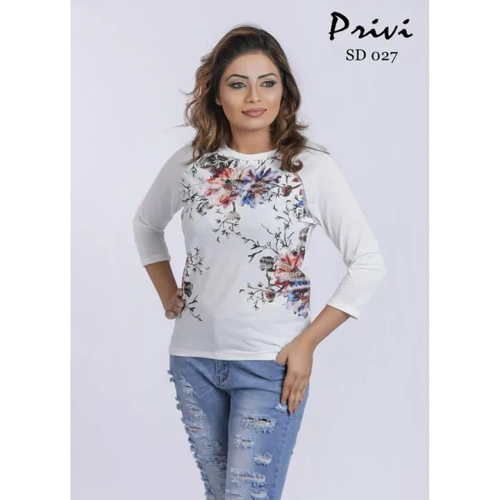 Privi Fashion Long Sleeve White Top With Floral Print for Women