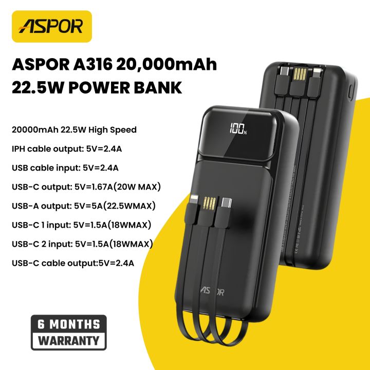 Aspor A316 20000mAh 22.5W Portable Power Bank  (PD & QC 3.0), an LED battery indicator, and four output ports