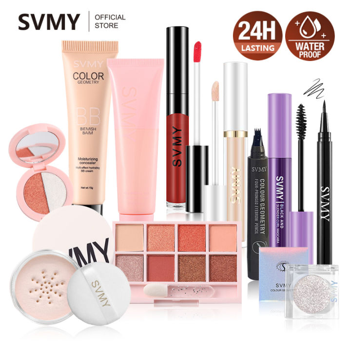 SVMY Full Makeup Set 11-piece BB Cream Eyeliner Pen Eyebrow Pencil Eye Shadow Mascara Lipstick Set up Powder Concealer Pre Makeup Lotion Eye Shadow Sequins Powder Blusher