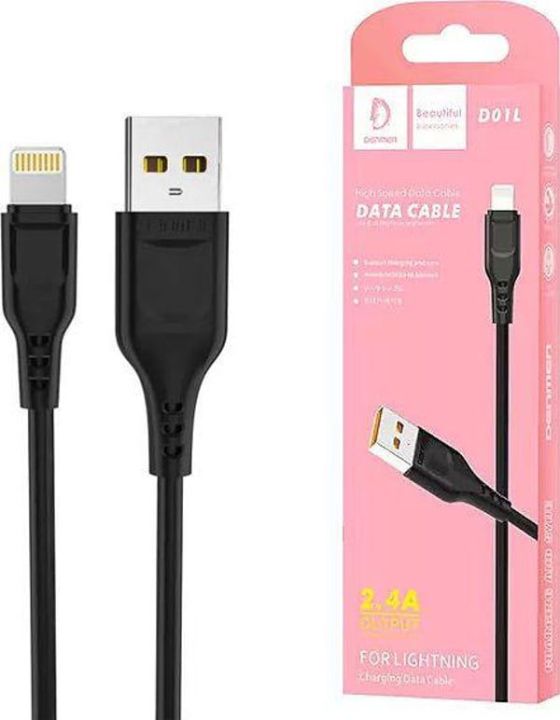 Denmen Lightning Cable 1 m D01L branded high durability fast charging cable black  (Compatible with I PH0NE)