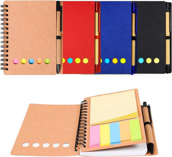 【New Arrivals】Kisdo Lined Spiral Notebook Kraft Paper Cover Notepad with Pen In Holder, Sticky Notes and Page Marker, Business Small Notebook
