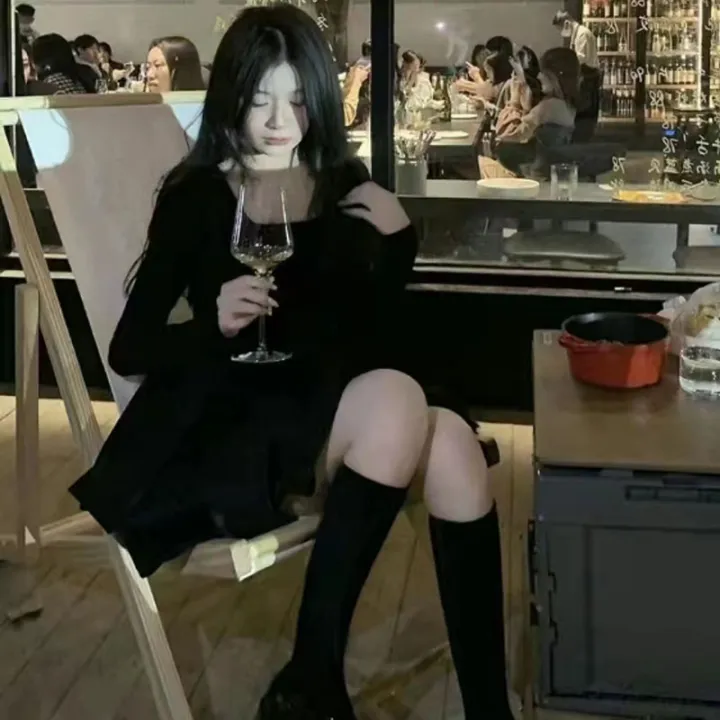 Korean%20Style%20Long%20Sleeve%20Drees%20Women%20Autumn%20Patchwork%20Square%20Collar%20Black%20Puffy%20Dresses%20Woman%20Fashion%20Prom%20Bow%20Black%20Mini%20Dress%20-%20Image%205