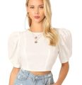 Women’s White Puff Sleeve Fitted Crop Top – Elegant Short Sleeve Blouse. 