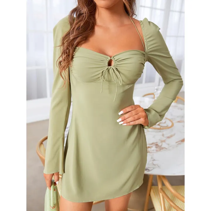 Womenoomph Chest Wrapping Backless Short Dress Long Sleeve Halter Mini Dresses Lady Summer Fashion Bodycon Clubwear New