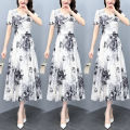 Yfashion Women Cotton Dress Summer V Neck Short Sleeve Waist Fit Pleated Loose Dress Floral Print Casual Long Dresses. 