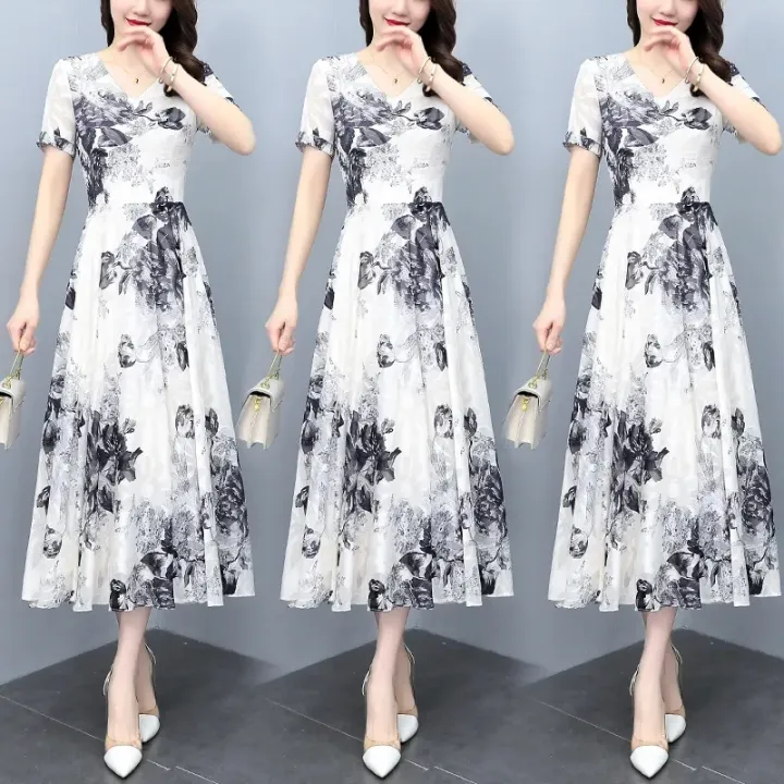 Yfashion%20Women%20Cotton%20Dress%20Summer%20V%20Neck%20Short%20Sleeve%20Waist%20Fit%20Pleated%20Loose%20Dress%20Floral%20Print%20Casual%20Long%20Dresses%20-%20Image%205