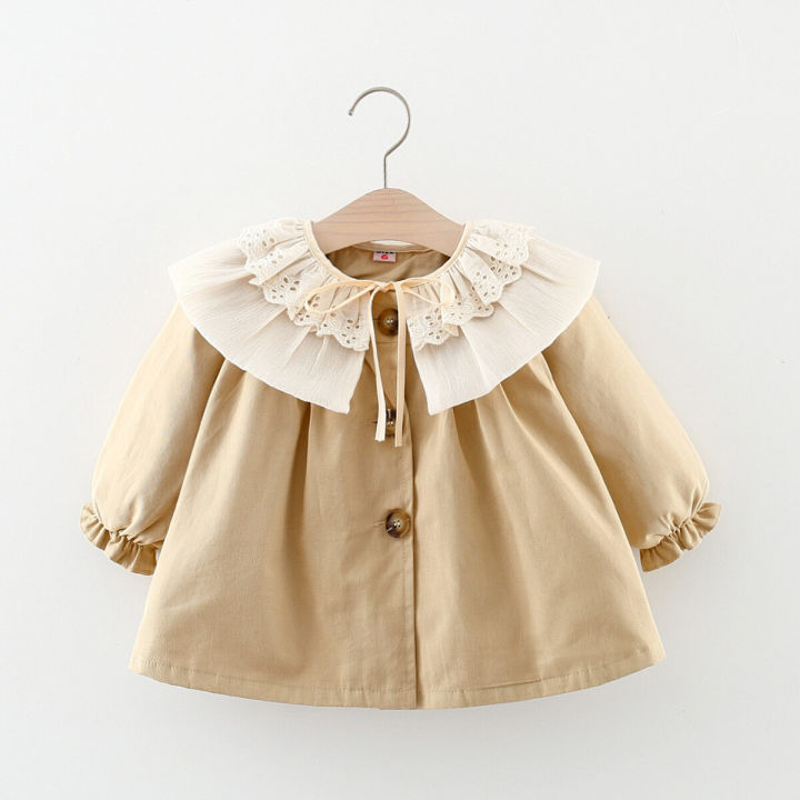 Spring And Autumn New Girls' Baby Long Sleeve Windbreaker Coat Lace Lapel Infant Coat Windproof Girl Children'S Clothing Suitable For 0-3 Years Old