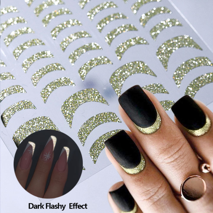 Reflective Glitter 3D Nail Stickers Dark Flashy Gold Sliver French Line Heart Love Decals Stickers For Manicure Nail Art Slider