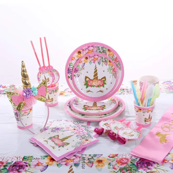 Girl Birthday Party Pink Unicorn Paper Plate Cup Napkin Disposable Tableware Sets Baby Shower 1st First Birthday Party Supplies