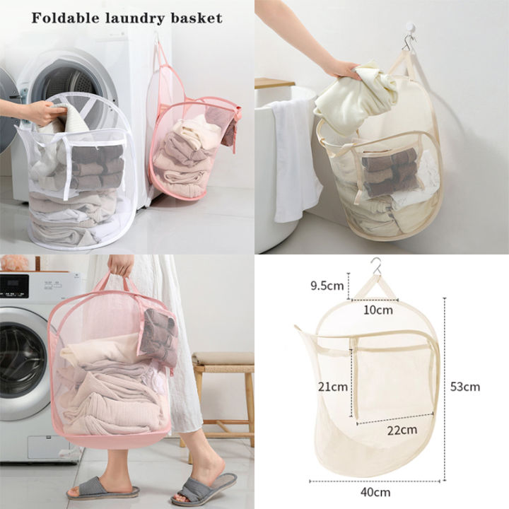 Bathroom Laundry Sorting Basket Frame Mesh Storage Bag Foldable Laundry Organizer Cloth Bucket with PVC Handle for Home
