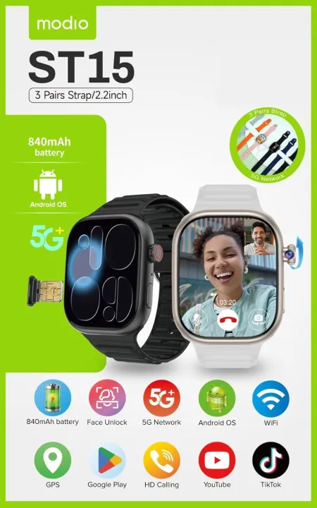 2026%20New%20Sim%20Insert%20Modio%20Smart%20watch%20Modio%20ST15%202.2%20inch%20AMOLED%20Display%20Smart%20watch%20with%203x%20pair%20strap%20Face%20Unlock%20/%20Rotatable%20Camera%20/%20Sim%20Insert%20%20/%205G%20/%20Android%20OS%20/%20Wifi%20/%20GPS%20/%20Google%20Play%20/%20HD%20Calling%20/%20Youtube%20/%206GB+64GB%20Modio%20android%20smartwatch%20-%20Image%204