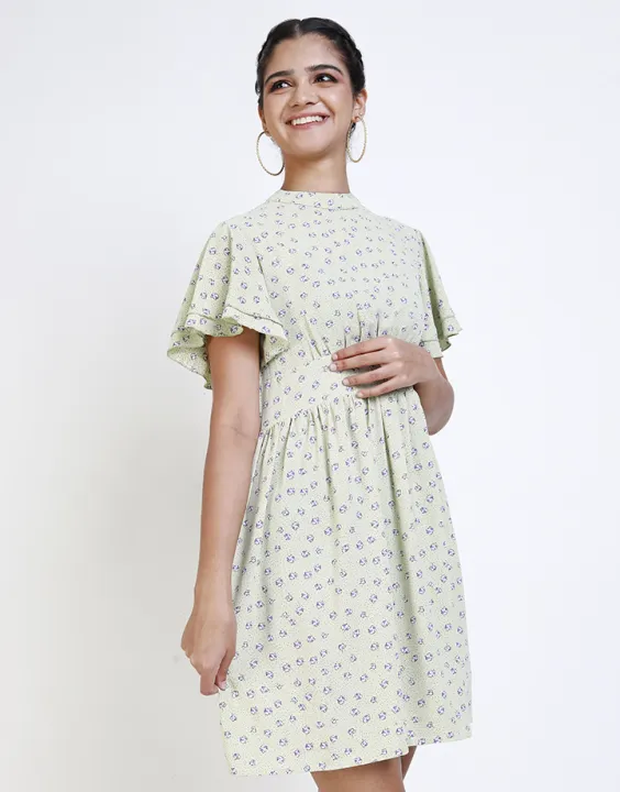 Spring & Summer Printed Dress with Flared Sleeves