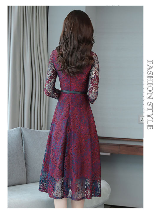 bellylady%20Women%20Cotton%20Lace%20Dress%20Fashion%20Long%20Sleeves%20Middle%20Waist%20A-line%20Skirt%20Elegant%20Mid-length%20Dress%20For%20Party%20Wedding%20-%20Image%203