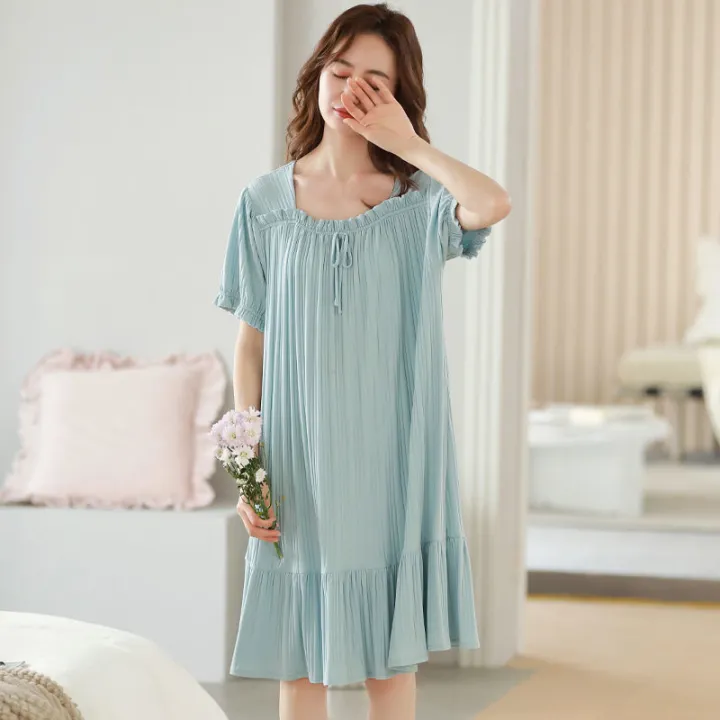 Women's%20Pajamas%20Summer%20Cotton%20Short%20Sleeve%20Sweet%20Korean%20Style%20Nightdress%20Floral%20Dress%20Thin%20plus%20Size%20Homewear%20-%20Image%204