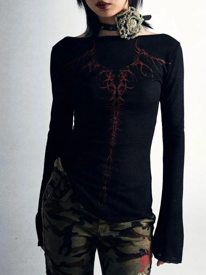 Y2K Dames T-shirt Met Lange Mouwen – Gotische Print, Ronde Hals, Loszittend, Retro Emo Streetwear, Lente/herfst