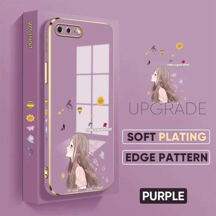 TA for iPhone 7 Plus 8 Plus Back Cover + Free Lanyard Charming Girl Luxury 6D Plating Case Side Pattern Soft Silicone Square Phone Cases for Girls
