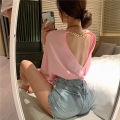 2023New Women's Spring Clothing Western Style Backless Short Sleeve Loose Chain Top Mid-LengthTT-shirt-. 