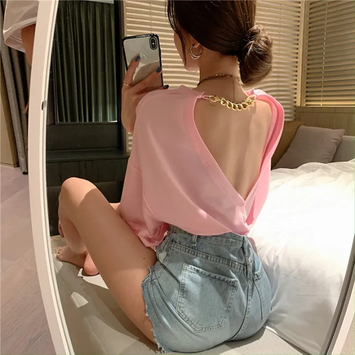 2023New%20Women's%20Spring%20Clothing%20Western%20Style%20Backless%20Short%20Sleeve%20Loose%20Chain%20Top%20Mid-LengthTT-shirt-%20-%20Image%202