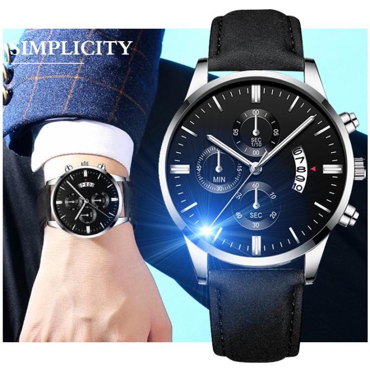 Men luxury leather strap watches quartz stainless steel dial casual watch