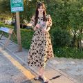 【WEJA】Women French Style Vintage Elegant Round Neck Puff Sleeve Loose Mid-lengh A-lineBlack Floral Dress. 