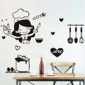 Waterproof Cartoon Happy Girl Chef Sticker Cute Black Loves Cooking Wall Sticker Non-toxic PVC Kitchen Decal Kitchen. 