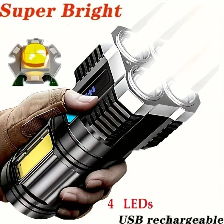 Strong Light Flashlight Camping Torch Rechargeable Multifunctional Portable Hand Lantern with 4 Lamp Beads and COB Side Light
