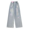 Girls' Ripped Jeans 2024 Summer New Internet Celebrity Girls' Retro Loose Thin Children's Narrow Wide-Leg Pants. 