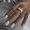 24PCS Short Square False Nails French White Edge Nials Silver Flame Full Cover Press On Nails Detachable Ballerina Nail Tip. 