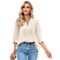 Yfashion Women Fashion Blouses Solid Color V Neck Half Sleeve Shirt Summer Stylish Loose Casual T-shirt Bottoming Top. 