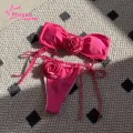 Muses Mall Bikini Set with Flower Decoration Floral Bandeau Bikini Set with Lace-up Swim Briefs Quick Dry Beachwear for Women 2pcs/set Bikini Set. 