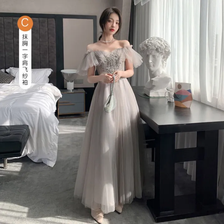 Gray Bridesmaid Dress New Elegant High-Grade Slimming Fairy Long Elegant Sisters Group Evening Dress for Women Summer Elegance