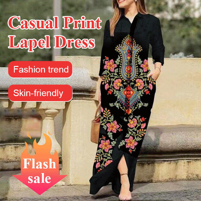 jjmakro Women's Casual Printed Lapel Dress