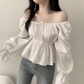 2025 Fashion New Ruffle White Long sleeved Women's Blouses Square Neck Sexy Short Shirt Korean Style Flare Sleeve Sweet Tops. 