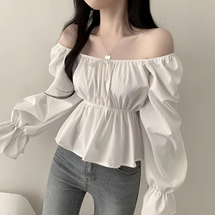2025%20Fashion%20New%20Ruffle%20White%20Long%20sleeved%20Women's%20Blouses%20Square%20Neck%20Sexy%20Short%20Shirt%20Korean%20Style%20Flare%20Sleeve%20Sweet%20Tops%20-%20Image%202