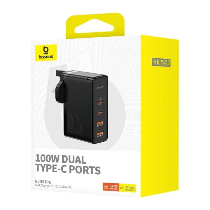 Baseus%20GaN5%20Pro%20Fast%20Charger%202C+2U%20100W%20UK%20Cluster%20Black%20(With%20Mini%20White%20Cable%20Type-C%20to%20Type-C%20100W(20V/5A)%201m%20)%20-%20Image%202