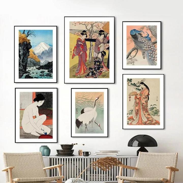 Canvas art wall and female mt. Fuji vintage japanese peacock crane poster print painting living room decorative wall art
