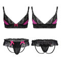 Beautiful Night Sissy Nightwear for Mens Lingerie Sissy Crossdresser Set Unlined Bra Top with Lace Bowknot Butt Jockstrap s. 