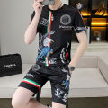 Popular Men's Suits Ice Silk Thin European Goods Jacquard Fashion Short SleeveTT-shirt Shorts Men's Home Wear. 