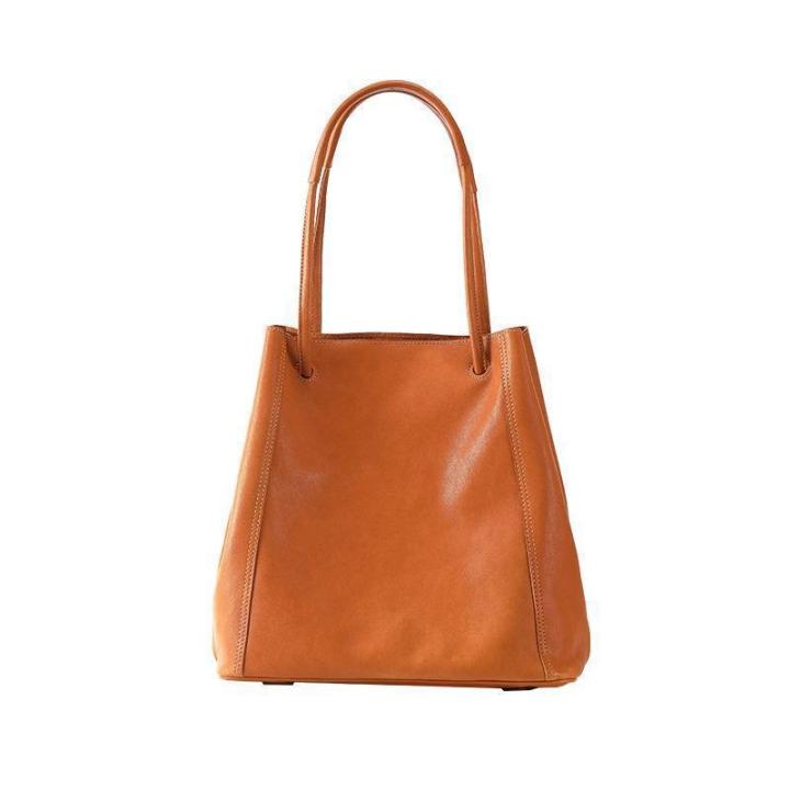 Qiu Zhen Genuine Leather Bucket Bag for Women, Crossbody Commuter Large Capacity Tote Bag, Niche Vegetable Tanned Top Layer Cowhide Bag