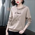 Yfashion Women Cotton Hooded Sweater Trendy Letter Printing Long Sleeves Sweatshirt Loose Pullover Tops. 